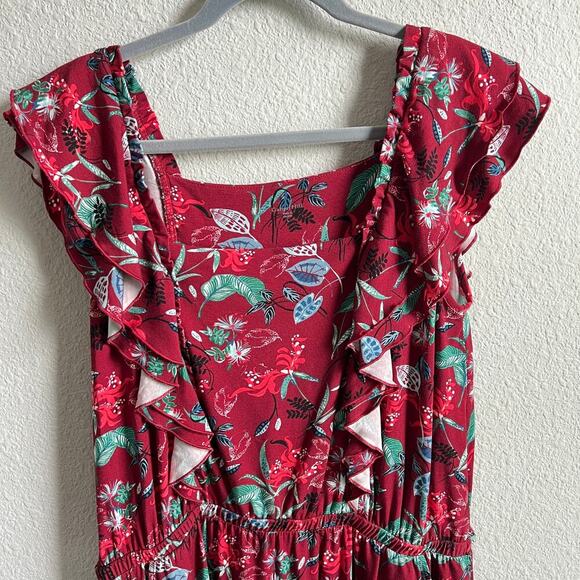 Garnet Hill Dulce Knit Maxi Dress Women's L Red Fantasy Floral Ruffle Stretch - Picture 3 of 7